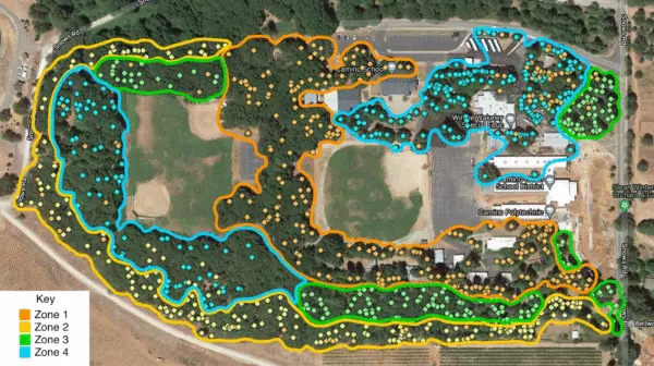 Detailed tree inventory map showing maintenance zones across a commercial property