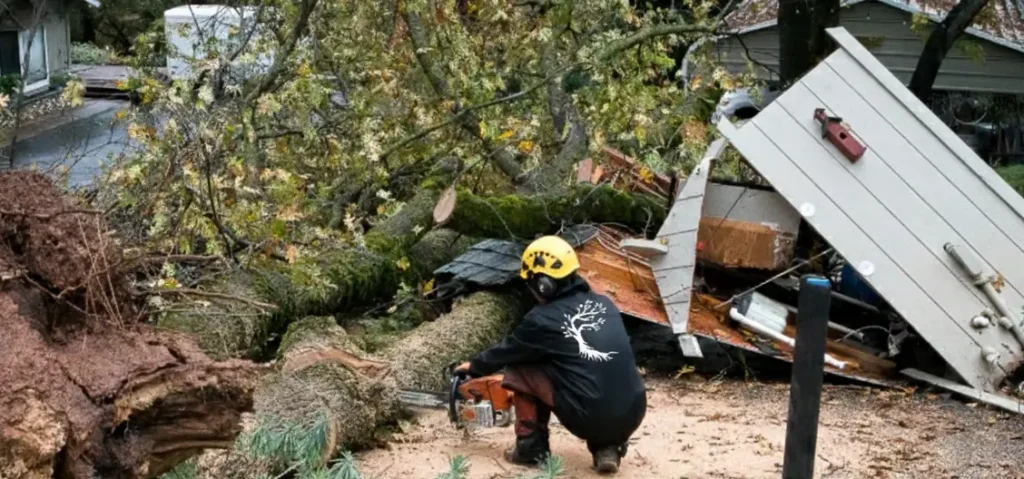 Fallen tree crushing a structure in El Dorado County — example of hidden tree risk and failure